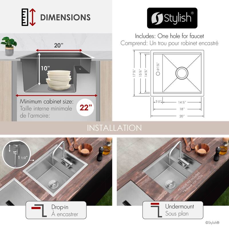 Concealed Dual-Mount 20" Stainless Steel Utility Sink, 1-Hole Prep, Dura-Tek Finish, Handmade