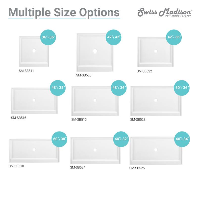 Voltaire 60" x 36" Acrylic White, Single-Threshold, Center Drain, Shower Base