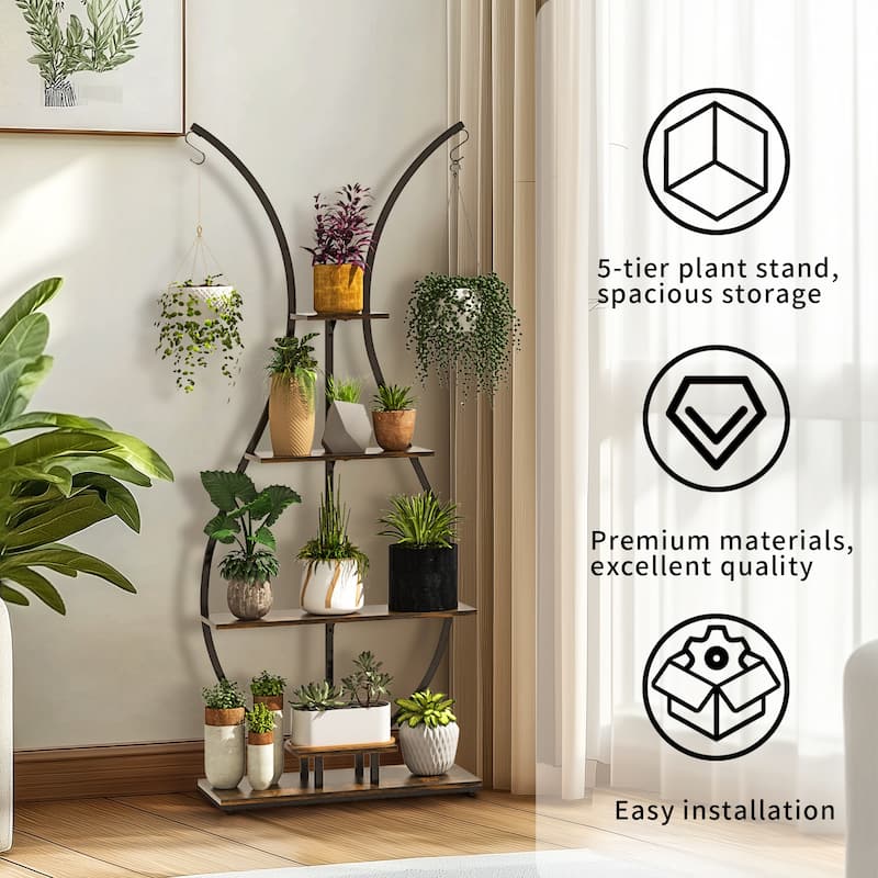5 Tier Tall Plant Stand Vase-Shape Metal Plant Shelf with Hanging Hook - 30"L x 12" W x 72" H