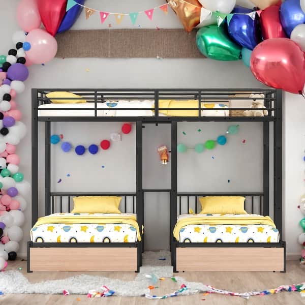 slide 2 of 9, Modern Full Over Twin & Twin Triple Bunk Bed with Drawers,Desks and Shelves In The Middle Black