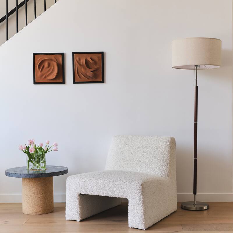 Brightech Carter 65 in. Walnut Brown Mid-Century Modern LED Super Bright Floor Lamp with Beige Fabric Drum Shade