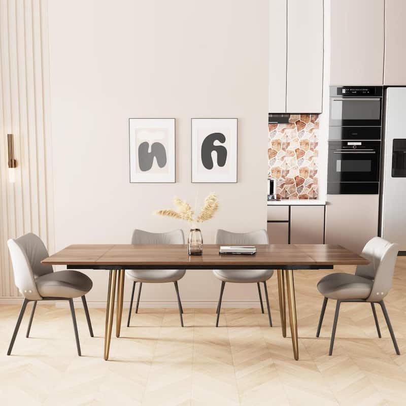 Modern Expandable Walnut Dining Table Adjustable from 62.9" to 94.4", Seats 8 to 10, with Sleek Stainless Steel Support Legs