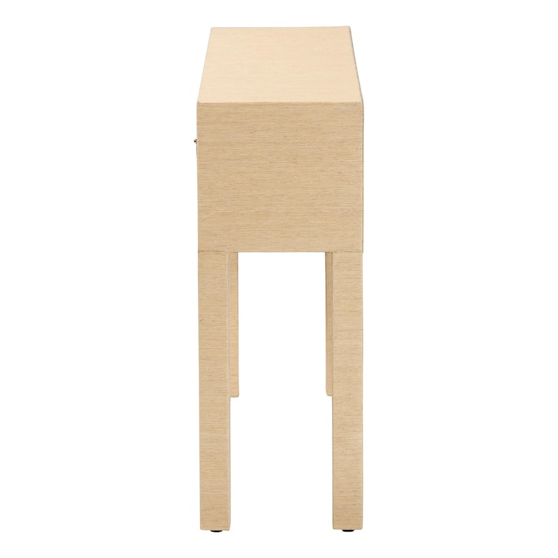 Noah Grasscloth 2-Drawer Console Table - Woven Texture Entryway Table with Gold Ring Pulls, Narrow Hallway or Living Room Accent