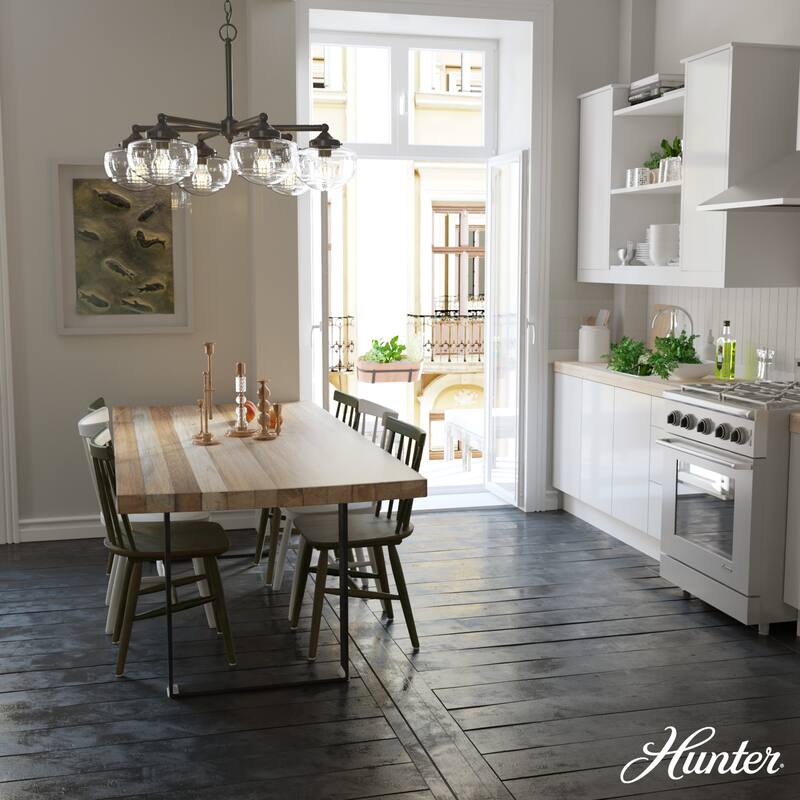 Hunter Saddle Creek Contemporary Schoolhouse Chandelier - Clear or White Glass Globes - Entry, Dining Room, Kitchen Table