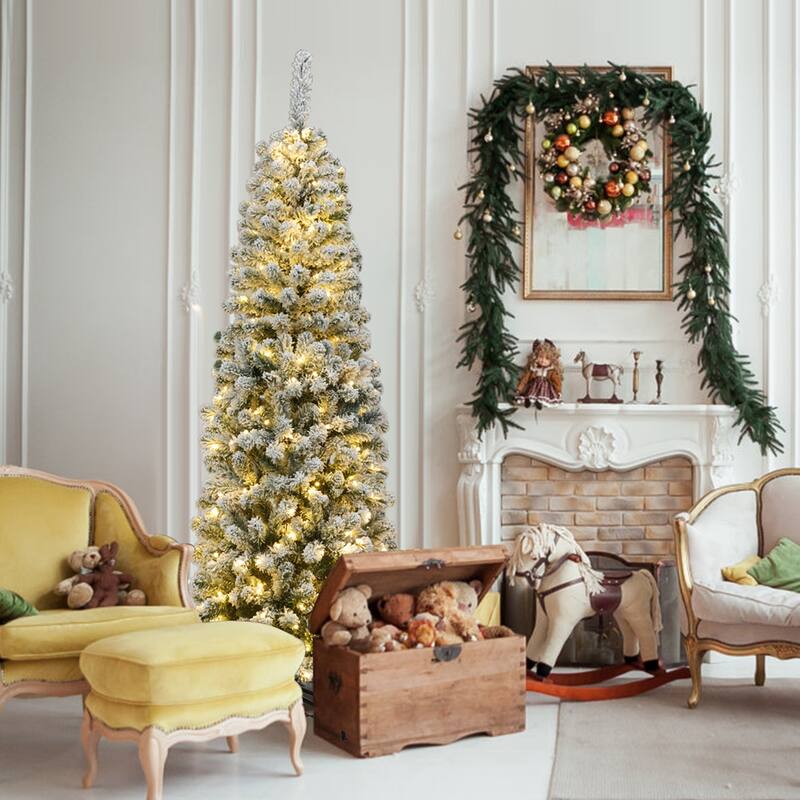 Gymax 6ft Pre-lit Pencil Snow Flocked Pencil Christmas Tree Holiday - See Details