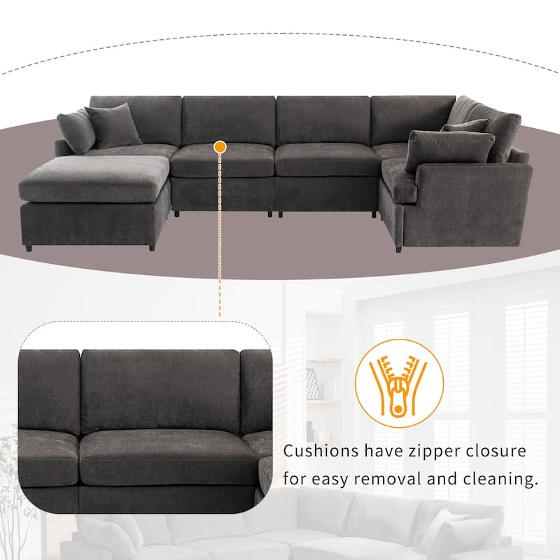 Grey 100.4'' Roomy U-Shaped 6-Seat Sectional Sofa with Removable Ottomans and Easy-Clean Cushions for Living Room