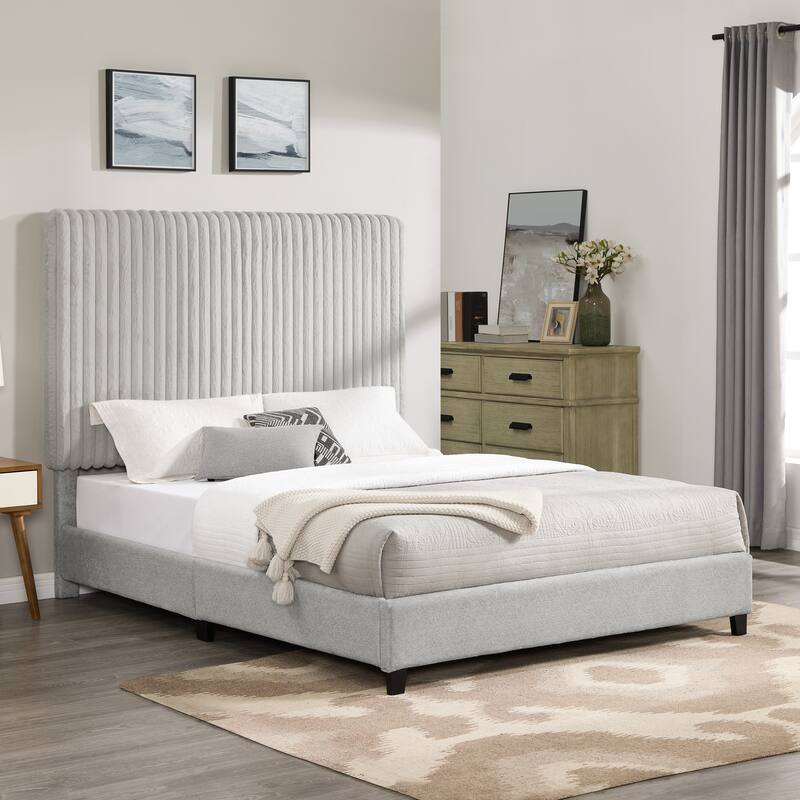Bridgevine Home Minky Stone Grey Channel Headboard Upholstered Platform Bed