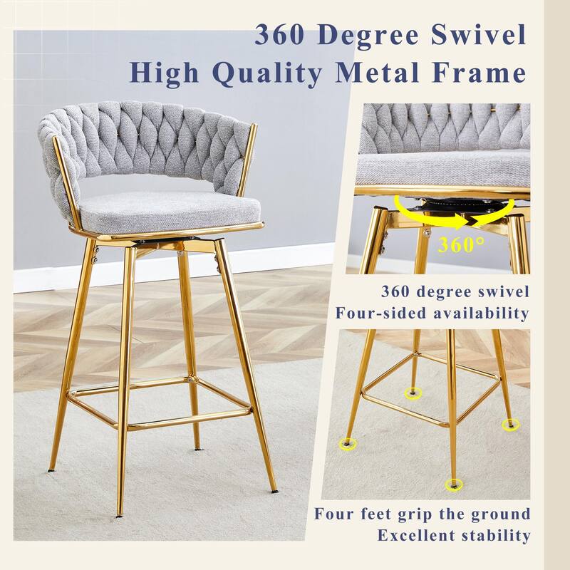 Set of 2 Swivel Bar Stools with Breathable Linen Cushions