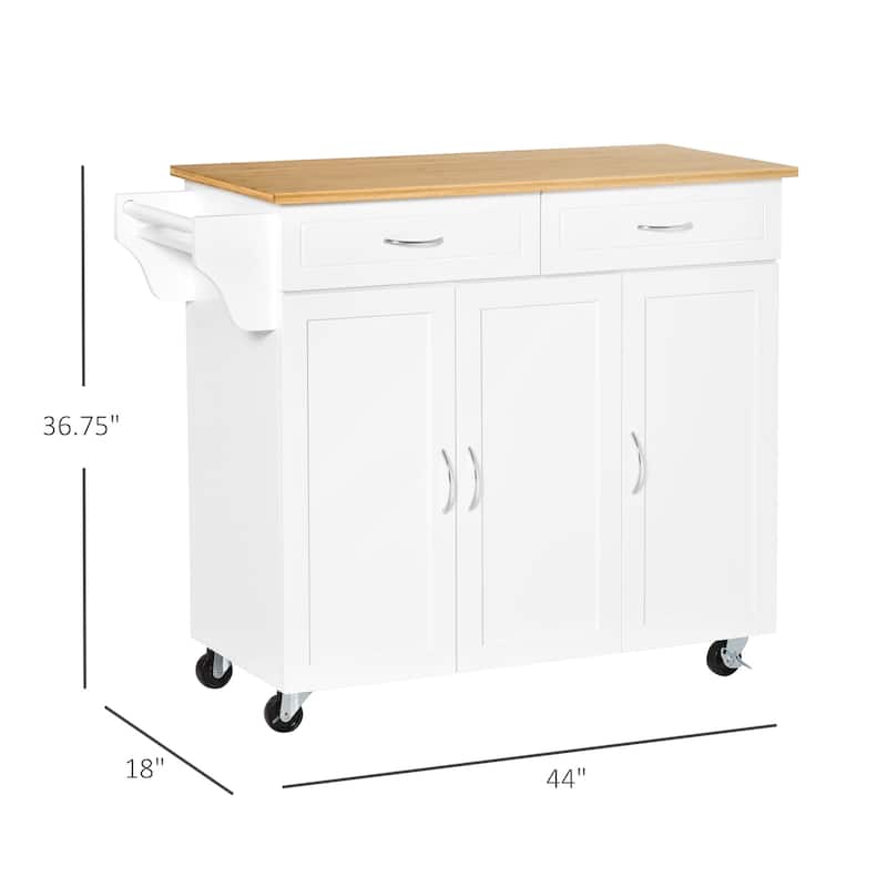 HOMCOM Rolling Kitchen Island Cart with Large Bamboo Countertop, 2 Cabinets with Adjustable Shelves and Wheels, White