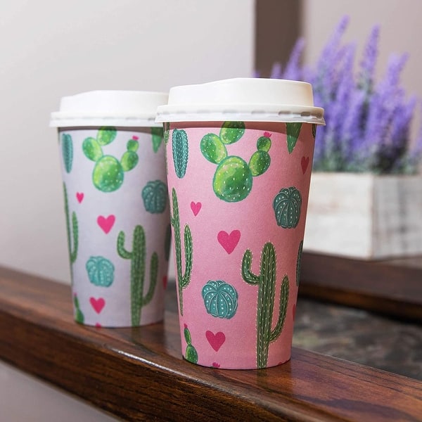 48x Cute Cactus Insulated Disposable Paper Coffee Cups with Lids for Party  16oz - Bed Bath & Beyond - 33035632
