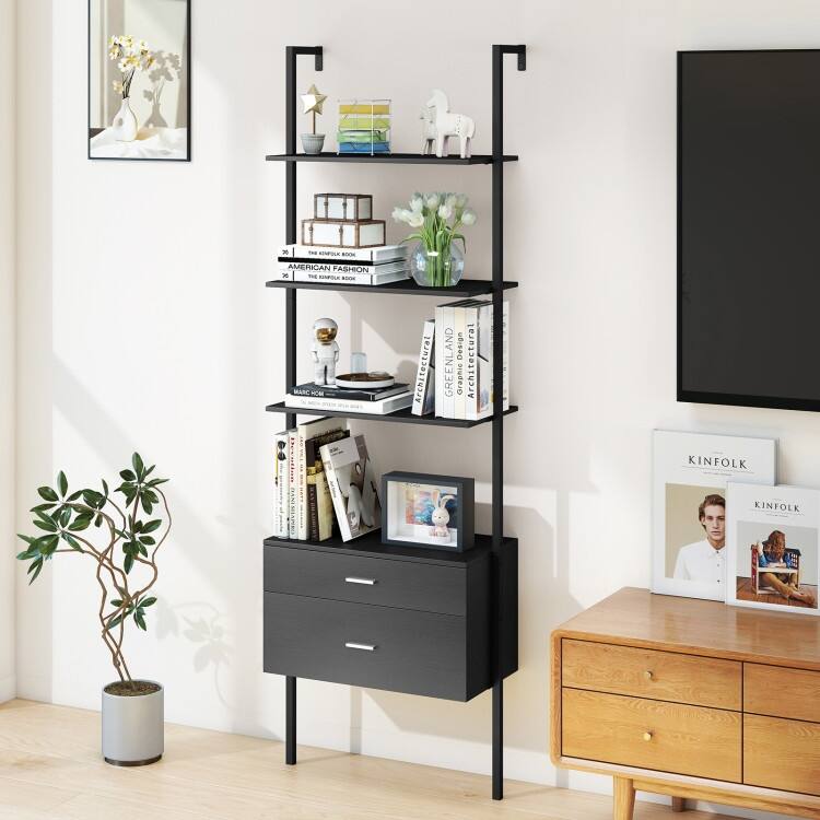 Black Engineered Wood Ladder Bookcase with Metal Frame and Drawers - 23.5" x 12" x 72.5"