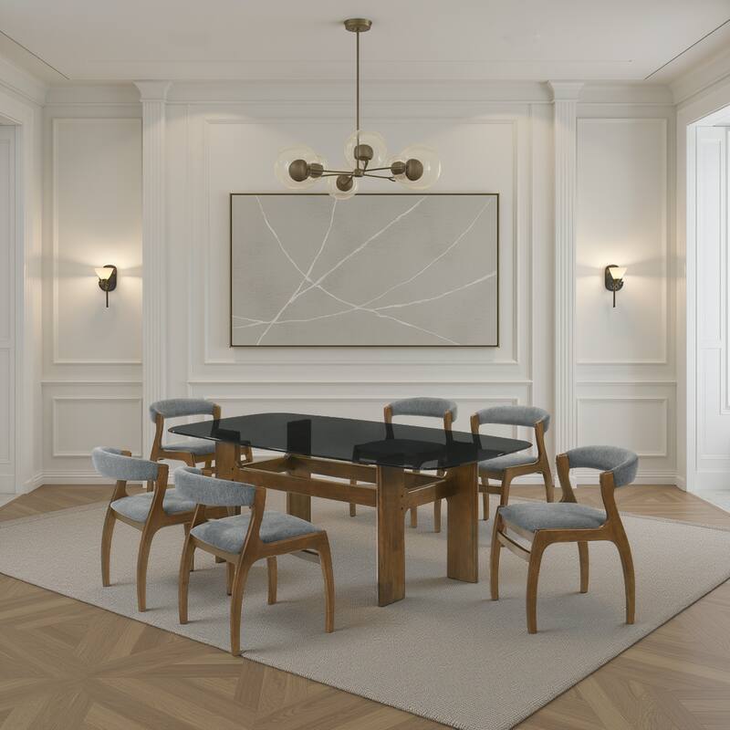 Ileena Mid-Century Modern 79 in. Rectangle Wood Dining Table in Walnut finish with Tempered Glass Top