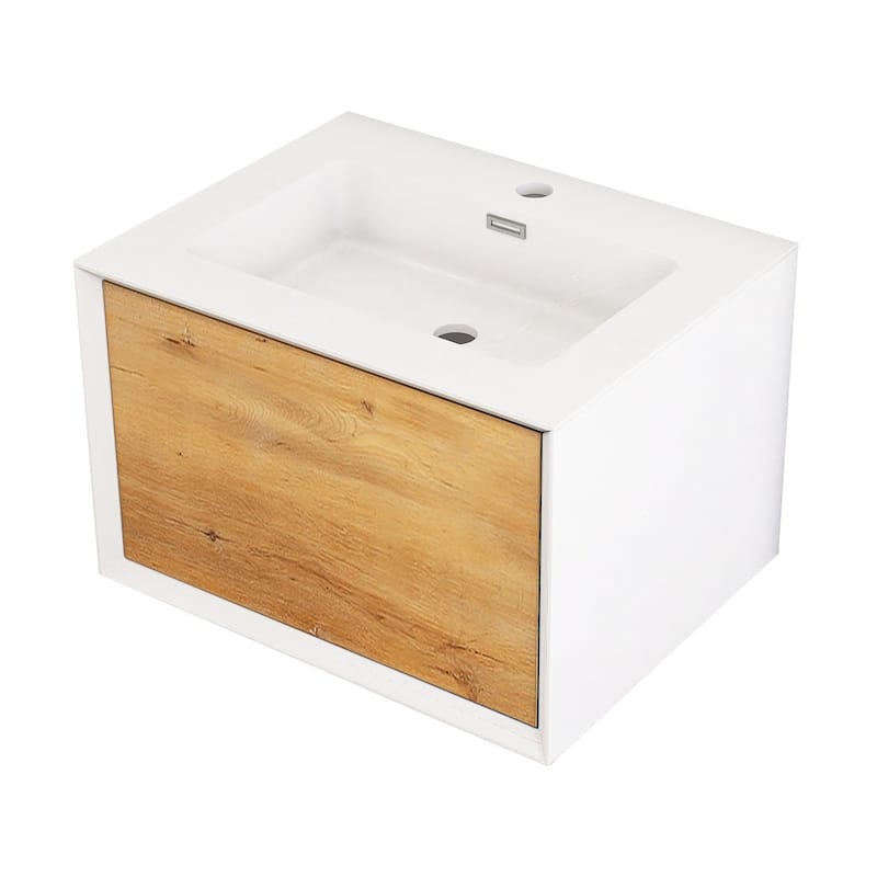 Wall-Mounted 1-drawer Bathroom Vanity Set in White and Oak with Integrated Solid Surface Sink