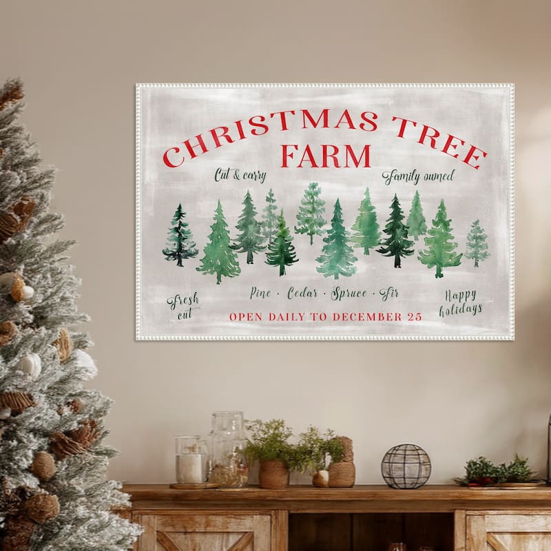 Christmas Tree Farm Sign by Rosana Laiz Blursbyai Framed Canvas Wall Art Print - Sylvie Beaded White