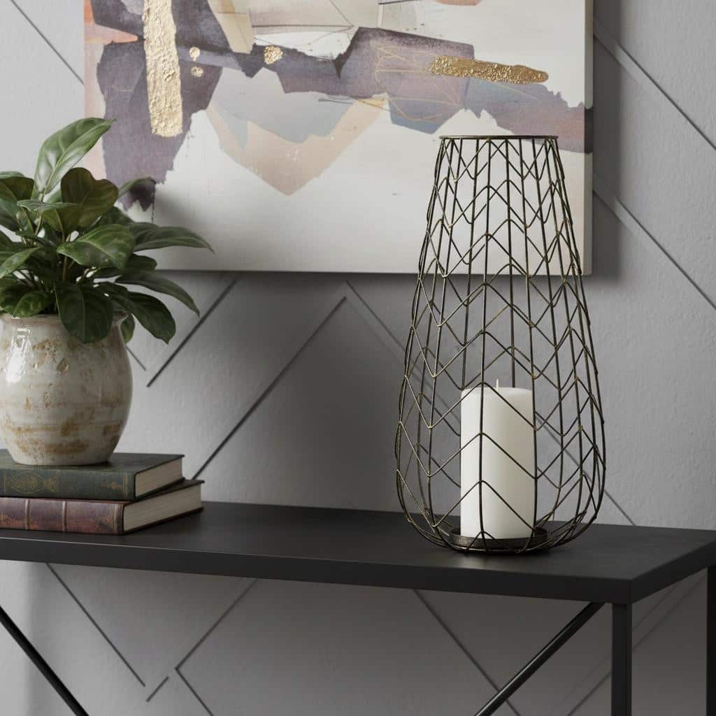 16" Gold Distressed Lattice Metal Tabletop Lantern Candle Holder