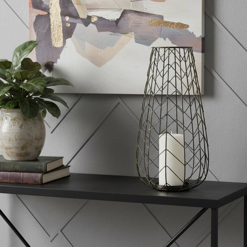 16" Gold Distressed Lattice Metal Tabletop Lantern Candle Holder - Gold