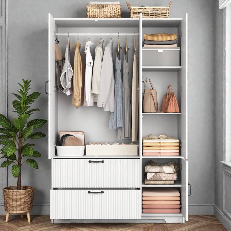 4 Door Wardrobe Closet with Mirror and LED Light, Wooden Wardrobe Cabinet with 2 Drawers Hanging Rod and Shelves