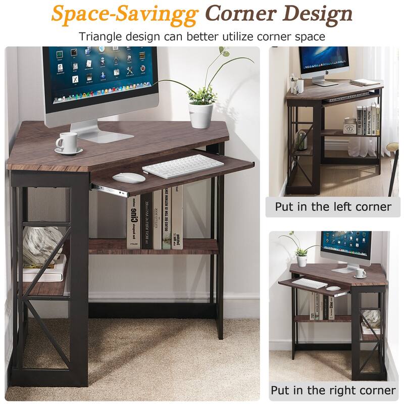 VECELO Triangular Corner Desk with Keyboard Tray Space Saving Metal Computer Desk for Home Office Study Bedroom