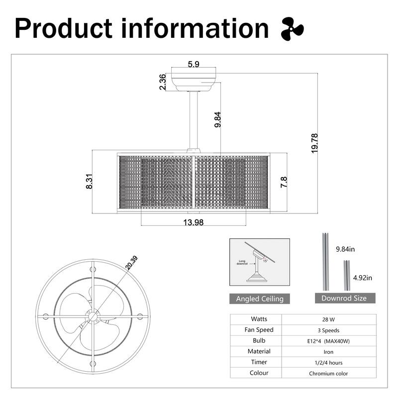 20.4'' 3 ABS Fan Blades Dual Shade Modern Ceiling Fan with Remote Control, Noiseless Reversible AC Motor,Chrome