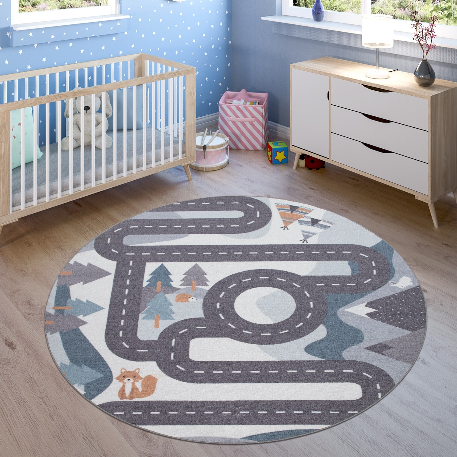 Paco Home Kids Rug with Stars for Nursery Starry Sky in grey, pink and  green 6'7 Round - Grey 