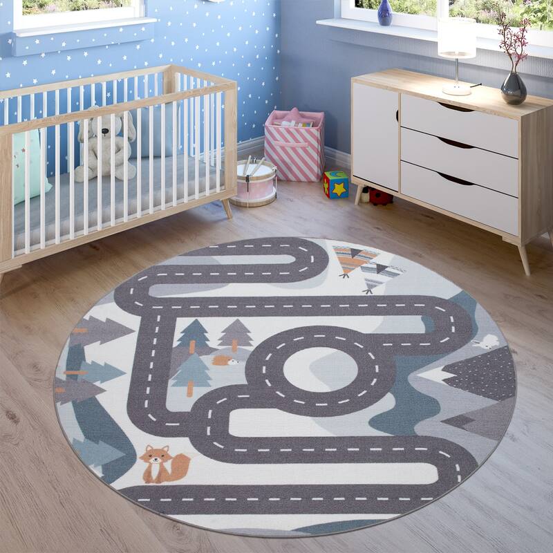 Kids Rug Mountain Road with Bears & Trees - Non Slip Playmat in Blue - 5'3" Round