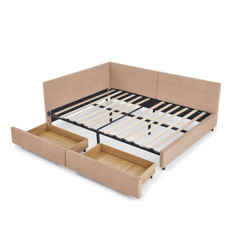 Full Size Upholstered Daybed Platform Tufted Bed Frame with Comfortable Backrest and 2 Drawers