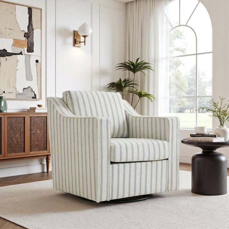30'' W Vegan Leather/ Chenille Swivel Accent Chair - Pinstripe Light Blue-Linen