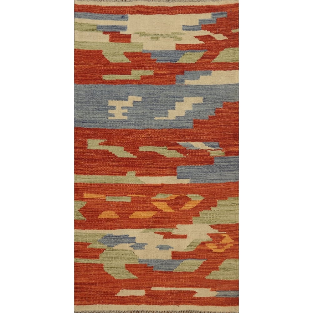 Hand Woven Oriental 100% Wool Carpet Southwestern Modern Oranges & Rust Kilim Area Rug - 4' 0'' X 2' 1''