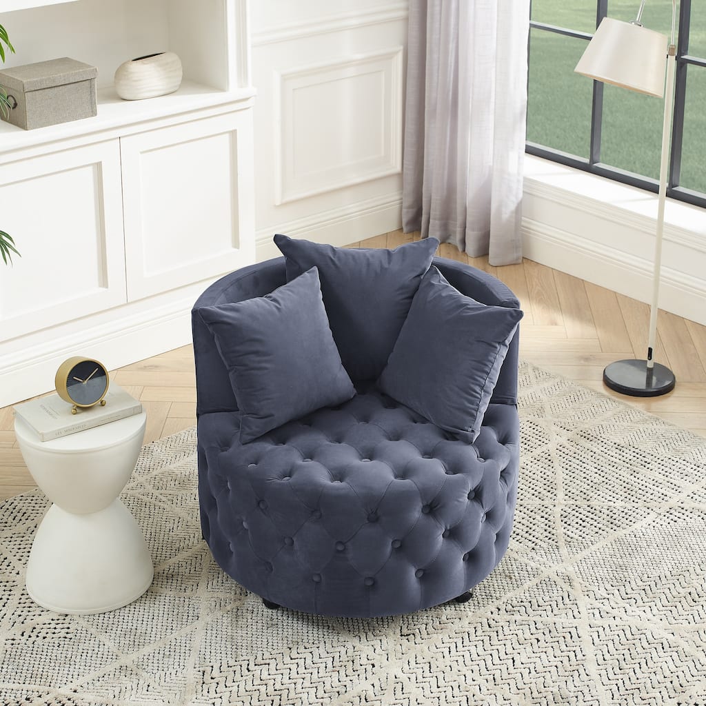 Velvet Upholstered Swivel Chair with Button Tufted Design and Movable Wheels