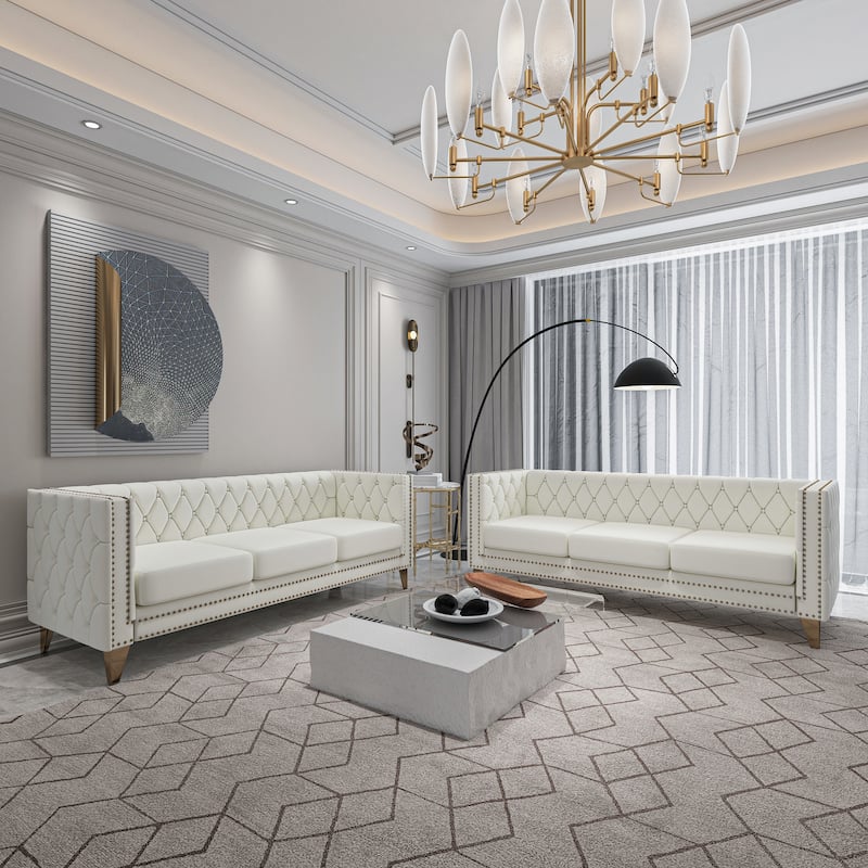 2-Pieces Velvet 3 Seat Sofa, Classic Chesterfield Buttons Tufted Couch - Beige