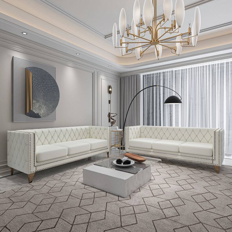 2-Pieces Velvet Upholstered 3 Seat Sofa, Classic Chesterfield Couch Buttons Tufted Square Arm Sofa with Nailheads and Metal Legs - Beige