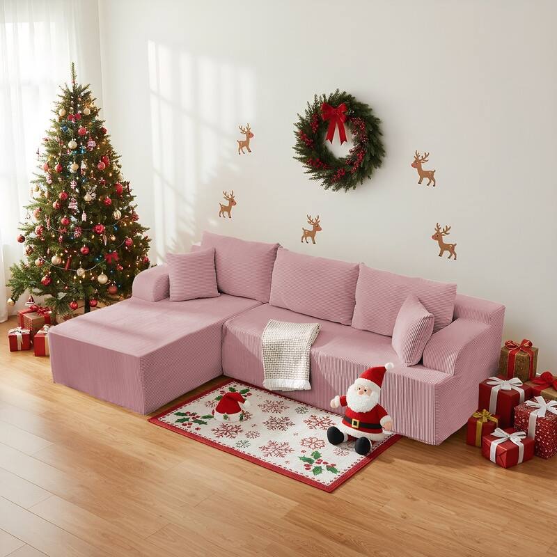 Mixoy 2-Pcs Free Combination Modular Sectional Sofas with Deep Seat,Corduroy L-Shaped Sofa with Chaise Lounge - 3-Seater - Pink - Reversible