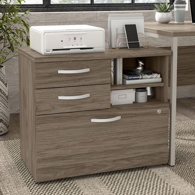 Hybrid Office Storage Cabinet with Drawers by Bush Business Furniture - Modern Hickory