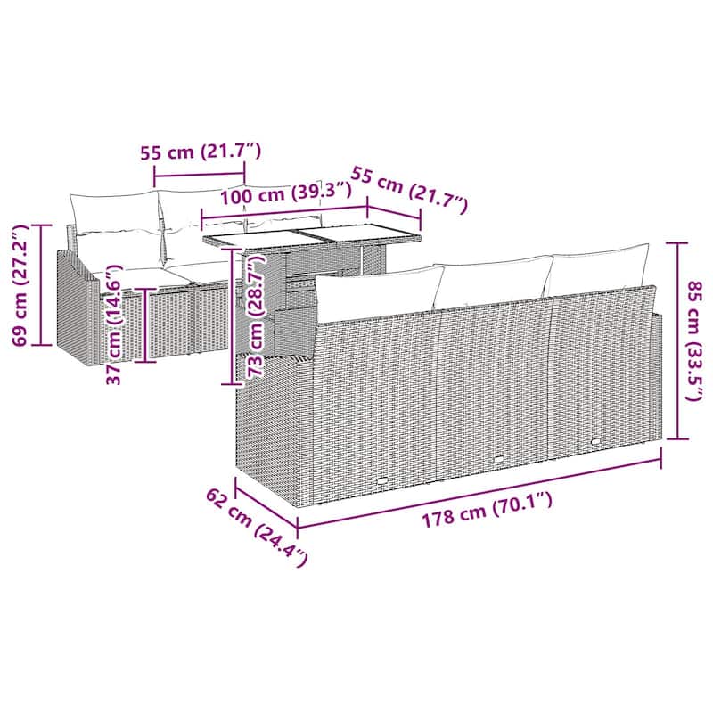 vidaXL 7 Piece Garden Sofa Set with Cushions - 70.1×24.4×27.2