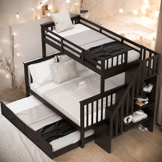 Twin Over Full Bunk Bed with Twin size Trundle,Storage and GuardRail