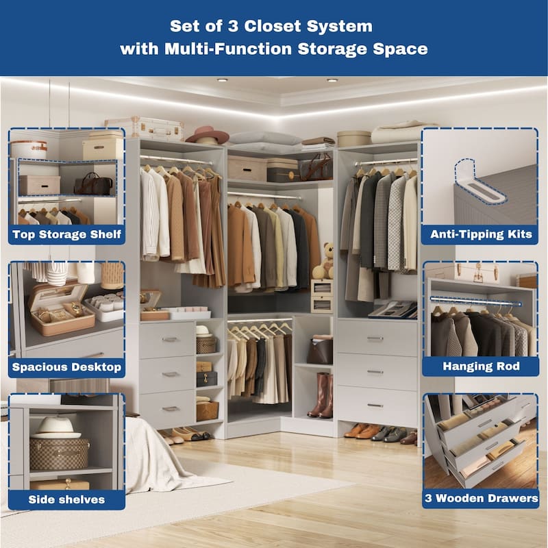 Cimly Set of 3 Freestanding Corner Closet System, Space-saving Closet Organizer for Walk-in/ Reach-in Closet