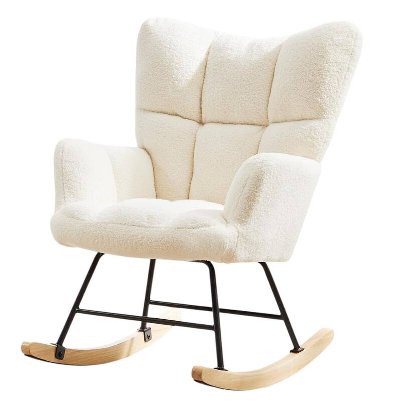 HomeRoots 23" Off White and Black Boucle Steel And Wood Glider Rocking Chair - 22.80 in. x 38.98 in. x 33.61 in.
