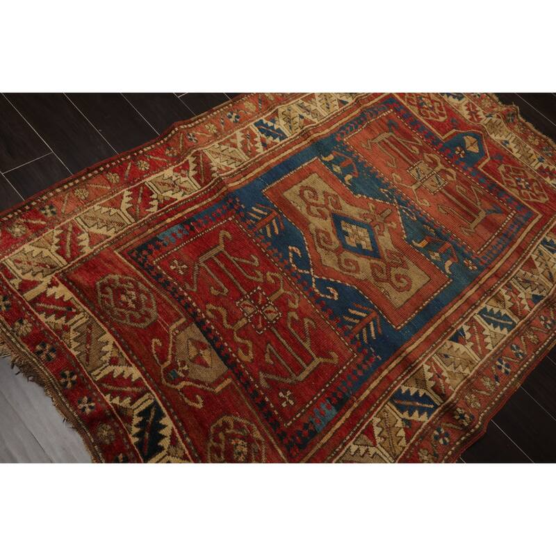 Antique Kazak Traditional Geometric 4'2''x6'2'' Hand Knotted Wool Rose Rug - 4' 2'' x 6' 2''