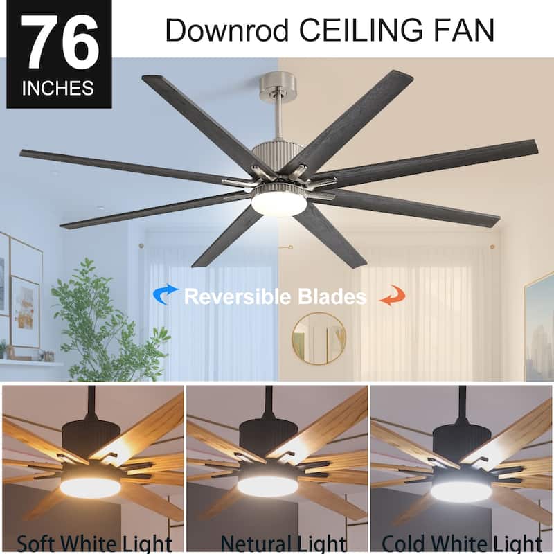 76 Inch Ceiling Fan with Light and Remote,8 Solid Wood Blades,Smart Control,Reversible Airflow - 76 inch