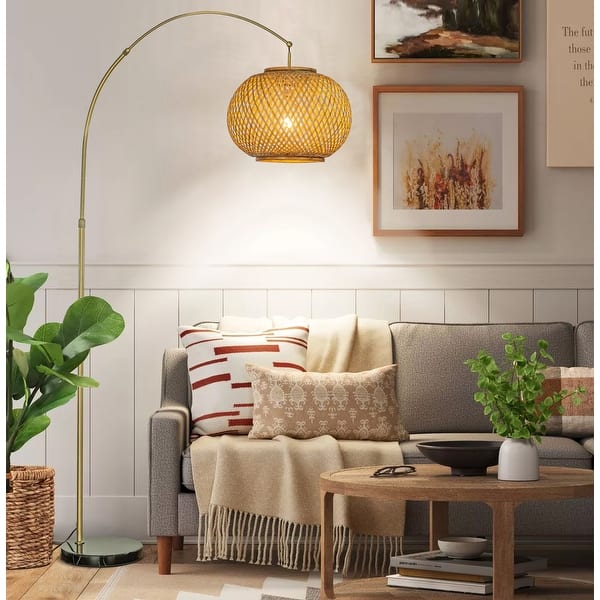 slide 2 of 14, 1-Light 75" Arc Floor Lamp with Hand-woven Bamboo Shade Antique Bronze + Marble Base 