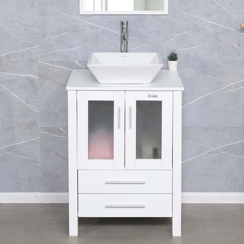 24" Bathroom Vanity White Set Glass/ Ceramic Vessel Sink Cabinet Faucet Drain Free Standing Combo - white ceramic square sink