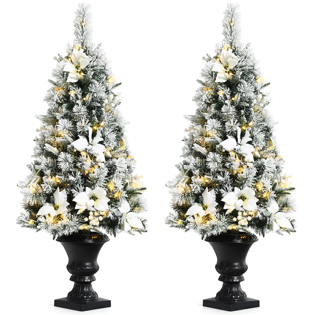 Gymax 2PCS 4 FT Pre-lit Christmas Entrance Tree Snow Flocked Xmas Tree - See Details