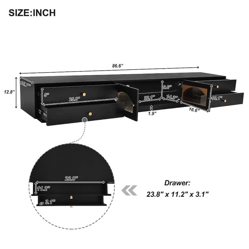 86.6" Modern TV Stand with Fluted Glass Doors