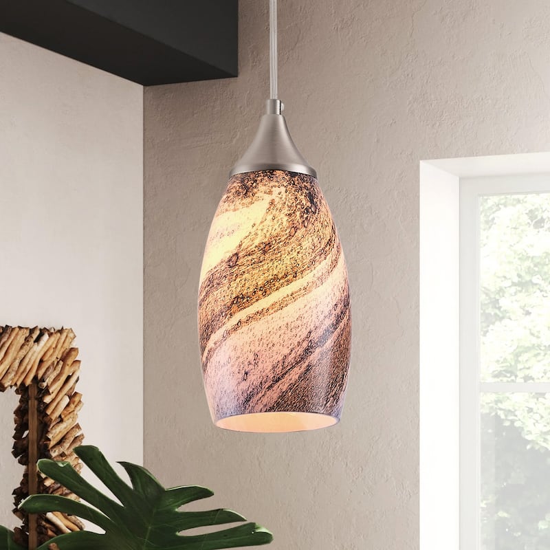 Modern Handblown Marble Art Glass Pendant Light Brushed Nickel Finished with Adjustable Cord
