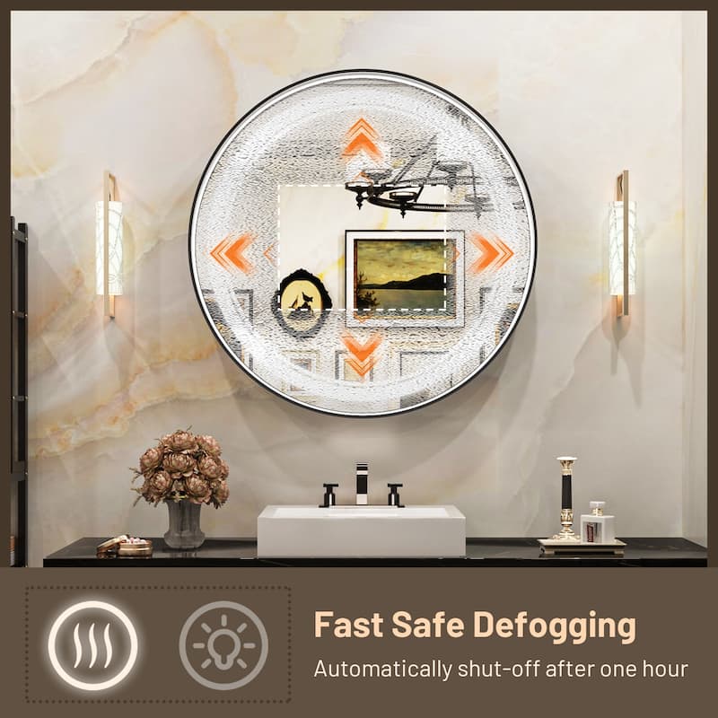 KEONJINN Round LED Front Light Bathroom Vanity Wall Mirror 3 Colors, Anti-fog, Metal Frame