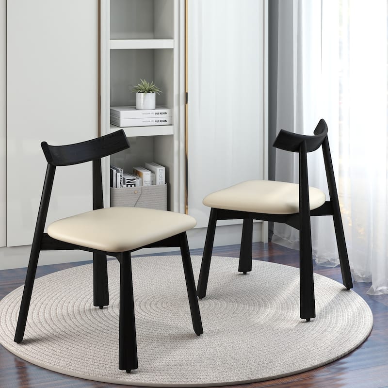19" Modern Dining Kitchen Chairs PU Leather Seat Cushion wuth Solid Wood Legs Set of 2 - Beige&Black