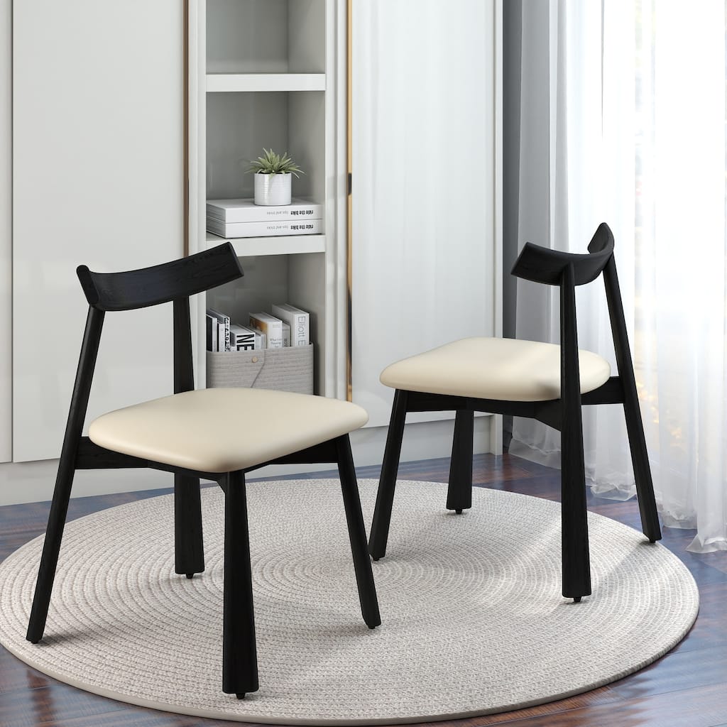 19" Modern Dining Kitchen Chairs PU Leather Seat Cushion wuth Solid Wood Legs Set of 2