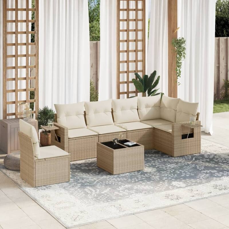 vidaXL Patio Sofa Set with Cushions Outdoor Conversation Furniture Poly Rattan - Beige With table - 101.2 x 57.9 x 27.2