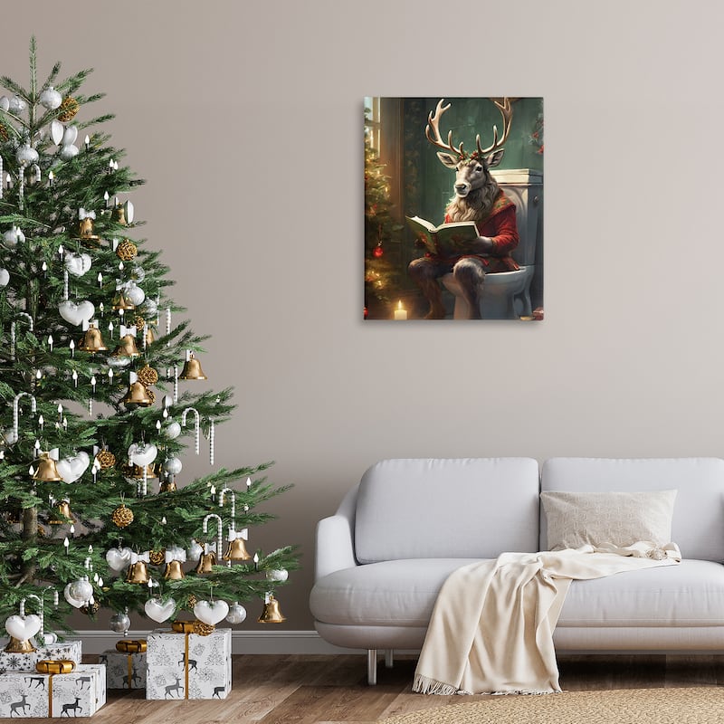 Stupell Reindeer in Festive Bathroom Canvas Wall Art Design By Jo Moulton