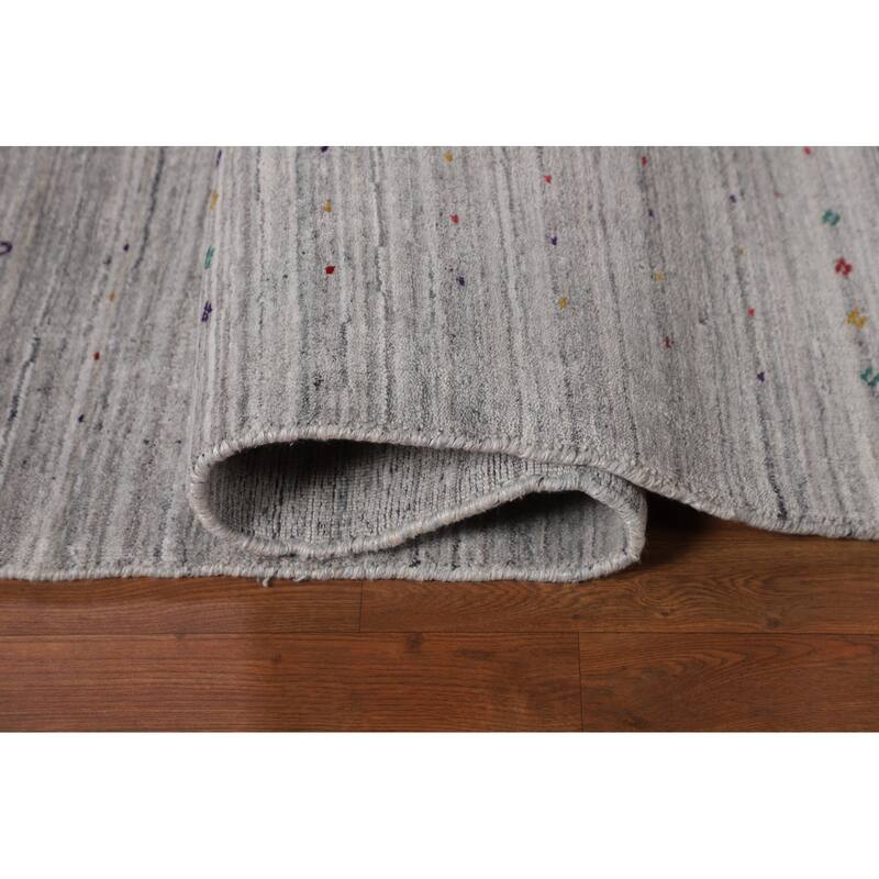 Striped Gray Gabbeh Indian Area Rug Hand-Knotted Wool Carpet - 8'7" X 9'7"
